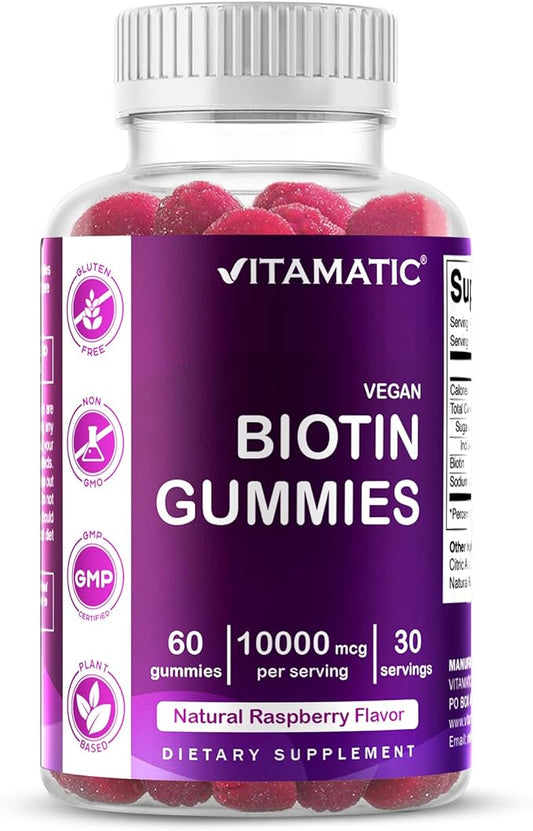 Vitamatic Biotin Gummies 10,000 mcg for Stronger Hair, Skin & Nails - 60 Vegan Gummies - Also Called Vitamin B7 (1 Bottle)