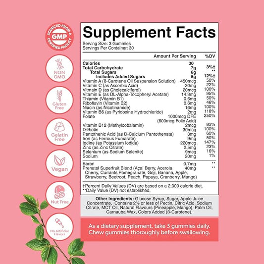 Vegan Prenatal Gummies for Women - Gummy Prenatal Vitamins for Women with Iron Folic Acid and Superfruit Blend - Chewable Vitamins Gummy Formula (Pineapple Mango) 1 Month