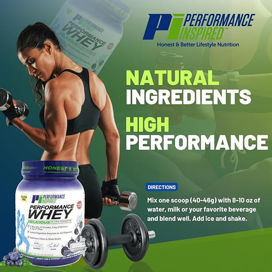 PERFORMANCE INSPIRED Nutrition WHEY Protein Powder – All Natural – 25G Protein – BCAAs – Digestive Enzymes – Fiber Packed – Blueberry – 2lb