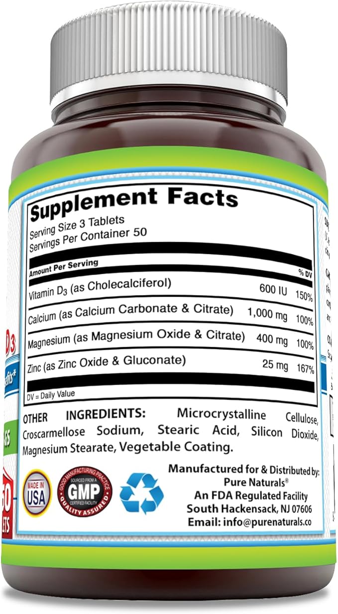 Pure Naturals Calcium Magnesium Zinc Vitamin D3 Supplement | Calcium 1000mg, Magnesium 400mg, Zinc 25mg, Vitamin D3 600 IU | Non-GMO | Gluten Free (150 Tablets)