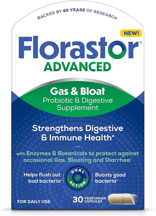 Florastor Advanced Gas and Bloat Probiotic, Digestive Enzymes and Botanicals, Plus Probiotics for Digestive Health, 30 Capsules