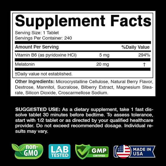 Melatonin 20 mg - 240 Fast Dissolve Tablets - Drug Free - Natural Berry Flavor - Vegetarian, Non-GMO, Gluten Free 240 Count (Pack of 1) (240 Count (Pack of 1))
