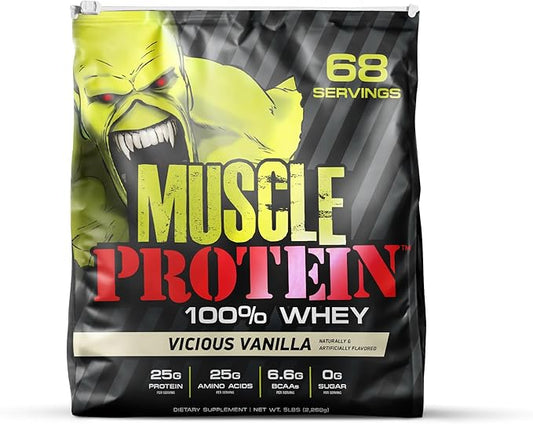 Muscle Protein Whey Powder [5 lbs/Pack of 1]– Cold Filtered, 25g Pure Protein, 6.6g BCAAs (Packaging May Vary) (5LB, Vanilla)