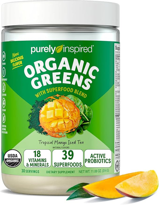 Purely Inspired Organic Green Powder Smoothie Mix, Tropical Mango Iced Tea Flavor (30 Servings) - Probiotics for Digestive Health with Spirulina & Chlorella for Gut Health - Vegan & Gluten-Free