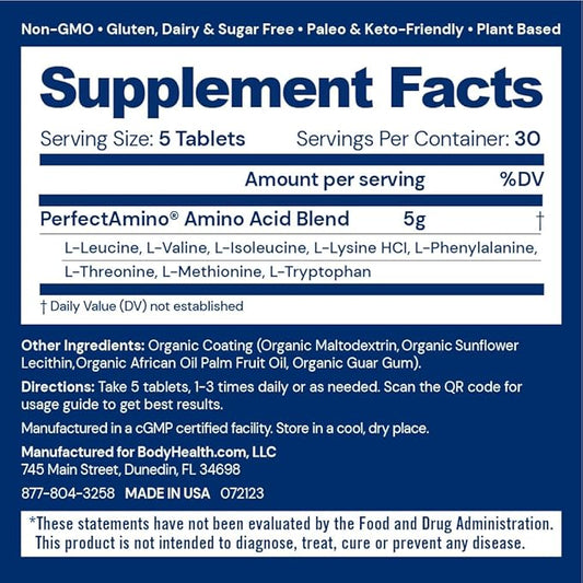 BodyHealth PerfectAmino Easy to Swallow Tablets, Essential Amino Acids Supplement with BCAAs, Vegan Protein for Pre/Post Workout & Muscle Recovery with Lysine, Tryptophan, Leucine (36 Servings)