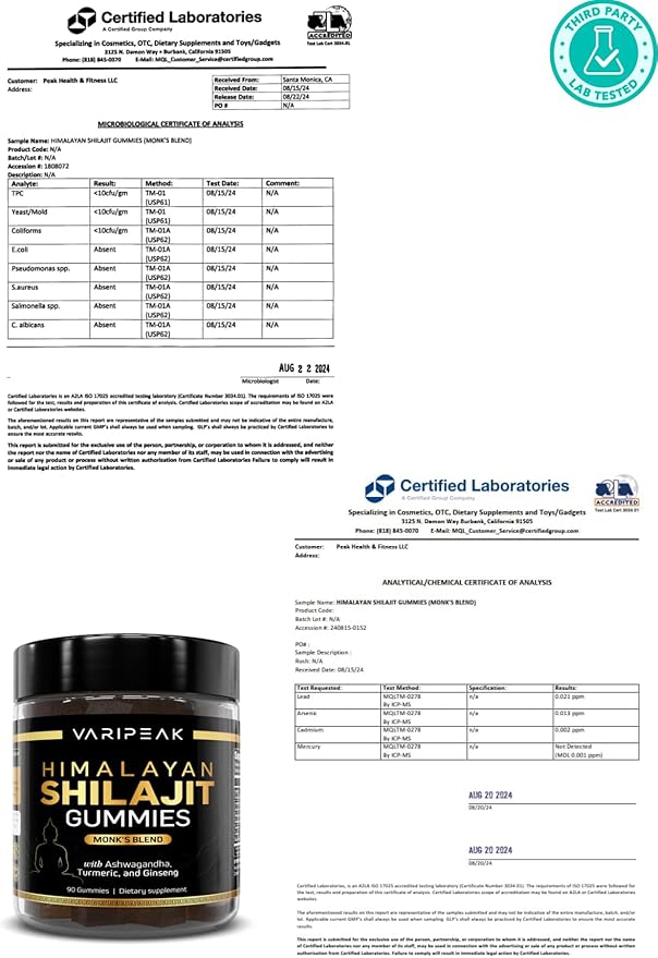 Shilajit Gummies - 5-in-1 Adaptogen Supplement with Ashwagandha, Ginseng, Turmeric, & Black Pepper | Energy, Focus, Immunity & Vitality Support | Organic, Vegan, Sugar-Free | 90 Count