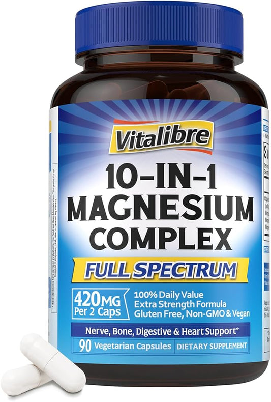 10 in 1 Magnesium Complex, 420mg Elemental Magnesium | Ultra Strength, Max Absorption | Chelated Magnesium Supplement for Sleep, Nerves & Heart Health | Non-GMO, 90 Vegan Capsules