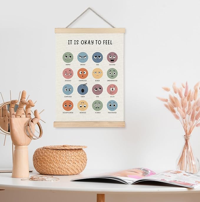 Yomisex Emotions Chart Mental Health Wall Art Poster, It Is Okay to Feel Feelings Chart Emotions Canvas Prints Wall Art Framed for Classroom Therapy Counseling Office Decor, 12x16 Inch