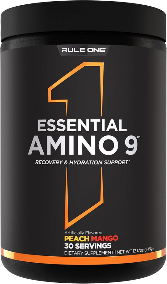 Rule 1 Essential Amino 9 – Recovery & Hydration Support with 7.5g of Essential Amino Acids + Electrolytes (30 Servings, Peach Mango)