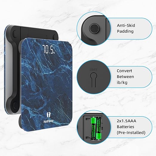 High Precision Digital Bathroom Scale with Step-On Technology LED Display Slim Design Max 180kg/400lb Marble Blue