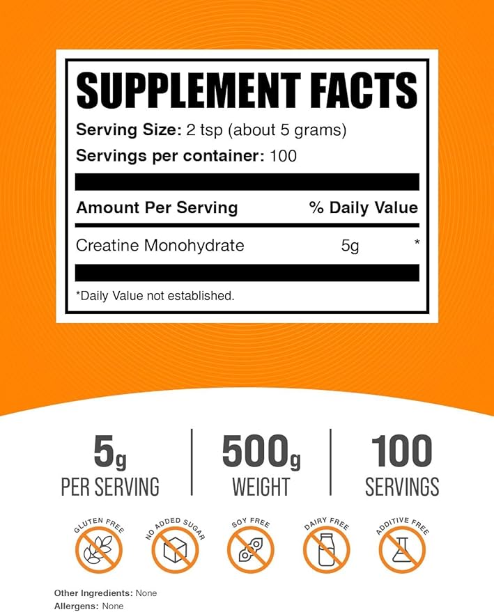 BulkSupplements.com Creatine Monohydrate Powder - Micronized Creatine Powder, Unflavored - Pure & Gluten Free, 5g (5000mg) per Servings, 500g (1.1 lbs) (Pack of 1)