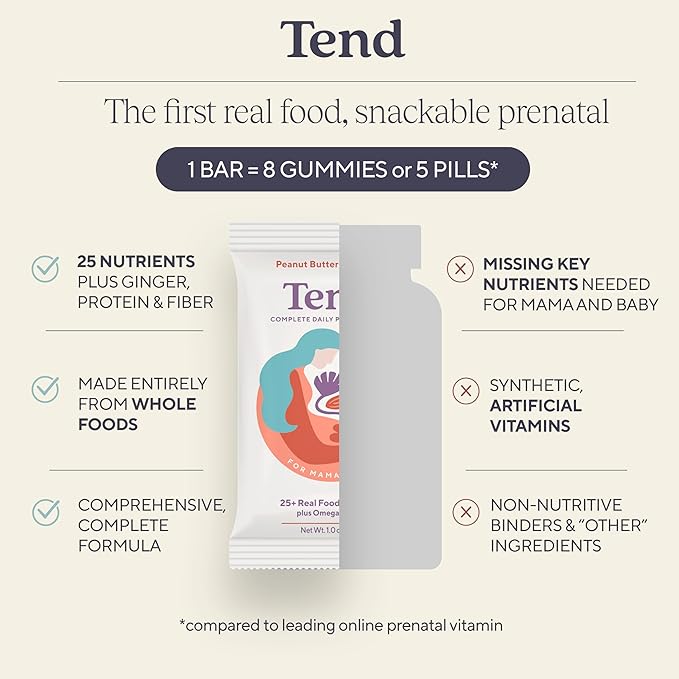 Tend Daily Best Prenatal Vitamin Bar, Made with Organic Ingredients for Pregnant & Postpartum Mothers, Includes DHA, Vitamin D, B, Choline, Folate - Lemon Berry (7ct)