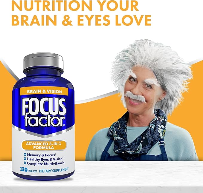 Focus Factor Adults Brain and Vision Supplement, 120 Count - Eye Vitamin, Mineral Supplement & Complete Multivitamin w/Lutein & Zeaxanthin – Brain Supplement for Focus, Concentration, Memory