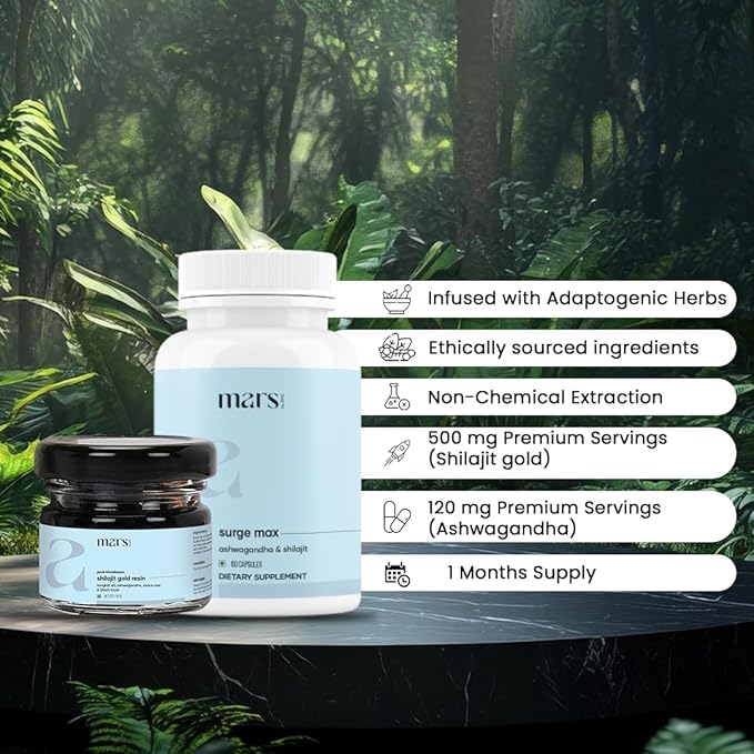 mars by GHC Power Pack Combo Pack | Shilajit Resin Gold & SurgeMax Capsules (60 Count) | Powered with Gokshura & Safed Musli | Supports Vitality, Energy & Overall Well-Being | Good Health Company
