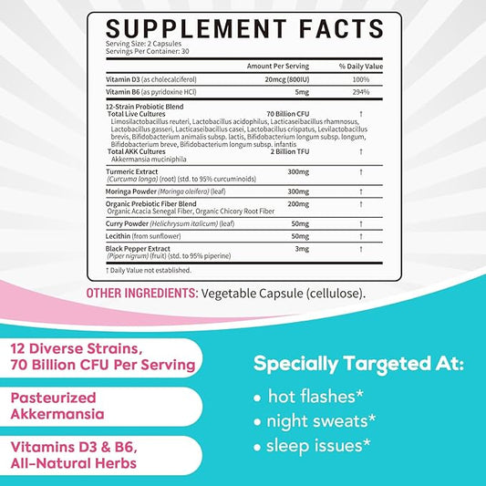 Menopause Probiotic Supplement for Women, 70 Billion CFU, with Akkermansia Muciniphila, Vitamins B6 & D3, Botanicals, for Hormone Balance, Hot Flashes, Night Sweats, Gut Health, 60 Capsules