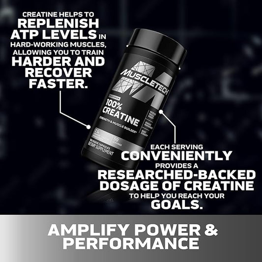 MuscleTech Platinum Creatine Monohydrate Capsules - Creapure Creatine Pre & Post Workout Muscle Builder, Muscle Recovery & Energy Boosting Supplement for Men & Women - 100 Veggie Pills