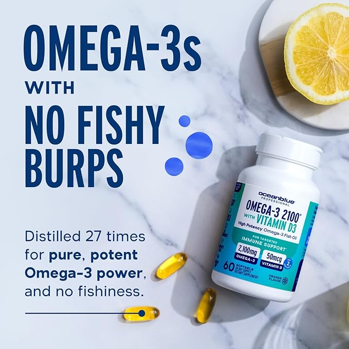 Oceanblue Professional Omega-3 2100 with Vitamin D3 – 60 ct – Triple Strength Burpless Fish Oil Supplement with High-Potency EPA, DHA, DPA and Vitamin D3 – Wild-Caught – Orange Flavor (30 Servings)