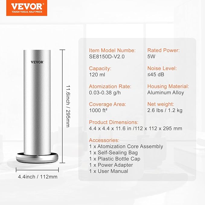 VEVOR Scent Machine for Home, 120ml Bluetooth Smart Essential Oil Diffuser With Cold Air Tech, Waterless Scent Diffuser for Spa, Yoga, Office, Hotel, Cover Up to 1000 sq.ft