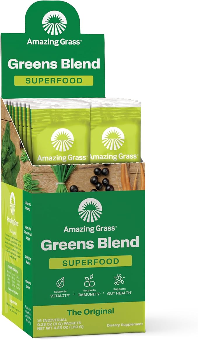 Amazing Grass Greens Blend Superfood: Super Greens Powder Smoothie Mix with Spirulina, Chlorella, Beet Root Powder, Digestive Enzymes, Prebiotics & Probiotics, Original, 15 Servings (Packaging May Vary)