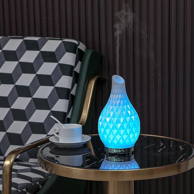 MAXWINER Essential Oil Diffuser Handmade Art Glass Aromatherapy Ultrasonic Humidifier with 7 Colors Lights Changing, Waterless Auto Shut-Off, Time Setting for Home, Office, Room 120ml (Diamond)