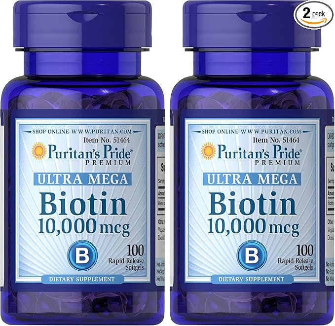 Puritan's Pride Biotin 10000 Mcg, Helps Promote Skin, Hair and Nail Health, Softgels 100 Count (Pack of 2)