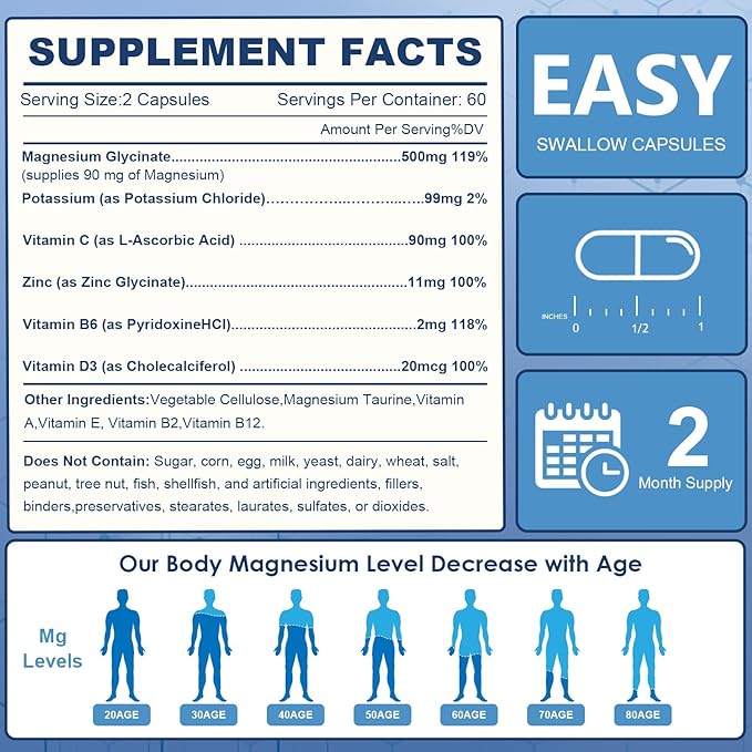 NATURE TARGET Magnesium Glycinate 500mg, Chelated Magnesium with Zinc & Vitamin D3 for Muscle, Nerve & Bone, Support Heart Health & Leg Cramp, Strength Immune System - 120 Capsules