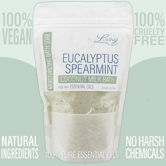 Vegan Milk Bath Soak Made with Moisturizing Coconut Milk Powder, Essential Oil, & Sweet Almond Oil for a Bath Bomb Dust Soothing Fizz & Relaxing Soak, 8 oz. (Eucalyptus Spearmint)