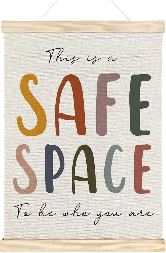 Nrleey Boho This Is A Safe Space Wall Decor with Wooden Poster Hanger - Therapy Counselor Office Decor, Mental Health Wall Art Posters for Calming Corner Classroom Playroom, 12x16 Inch