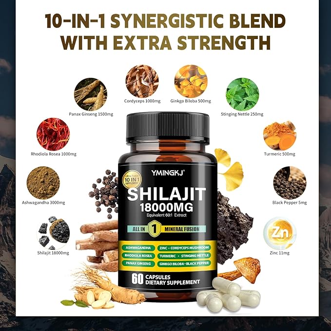 Shilajit Capsules 18000mg with Ashwagandha, Rhodiola Rosea, Panax Ginseng, Cordyceps, Turmeric, Ginkgo, Fulvic Acid Trace Minerals Supplement for Men & Women 60 Count Non-GMO Gluten-Free 2pack