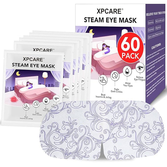 XPCARE 60 Pack Steam Eye Masks for Dry Eyes, Self Heated Steam Warm Eye Mask, Disposable Heated Eye Mask for Dark Circles, Puffy Eyes, Relief Stress Eye Fatigue (Unscented)