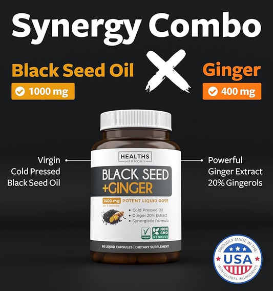 Cold-Pressed Black Seed Oil Capsules - Vegan Non-GMO Nigella Sativa Black Seed Oil Supplement with Ginger Extract for Wellness & Digestive Health Support - Gingerol & Thymoquinone-Rich (1 Month)