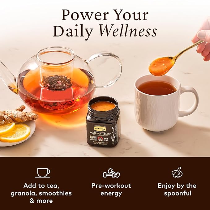 Comvita Manuka Honey UMF 10+ (MGO 263+) - Raw Manuka Honey New Zealand, Pure & Unpasteurized, Superfood for Immune Health, Use in Tea, Wild, Monofloral, Non-GMO - 250g (8.8 oz)