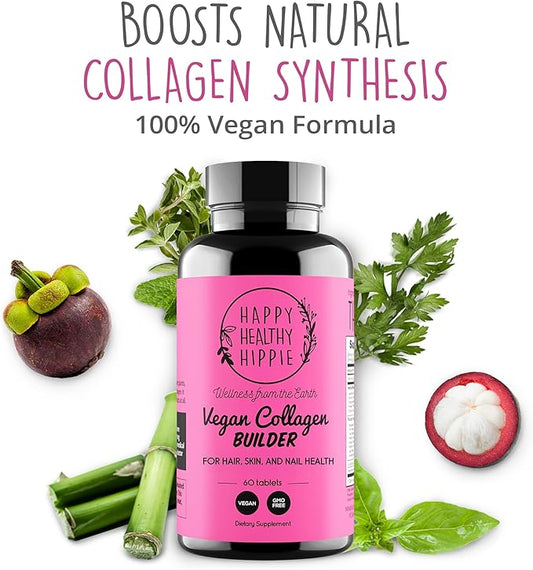 Vegan Collagen Builder w/ Hyaluronic Acid – Hair Skin and Nails Vitamins for Youthful Glow | Keratin & Elastin Booster | Bones, Cartilage, Tendons | Vitamin A, L-Lysine | Vegetarian | Non-GMO, 60 Ct