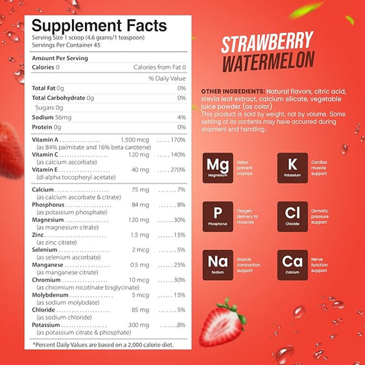 Electrolyte Powder - Refreshing Workout Recovery Electrolytes, Sugar Free, Gluten Free & Vegan, Pure Keto & Paleo Hydration Beverage, Immune Boosting Vitamins (198 Grams, Strawberry Watermelon)