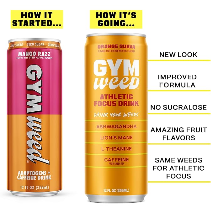 GYM WEED Athletic Focus Drink with KSM-66 Ashwagandha, Lion's Mane Mushroom, L-Theanine, 200mg Green Tea Caffeine with Natural Sweeteners Orange Guava Flavor, 12 Pack