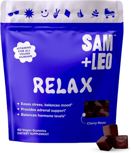 SAM+LEO Relax - All Natural & Vegan Calm and Relaxation Gummies for Teens and Kids with Ashwagandha, Vitamin D2, and Zinc - Cherry Flavored - 60/ct