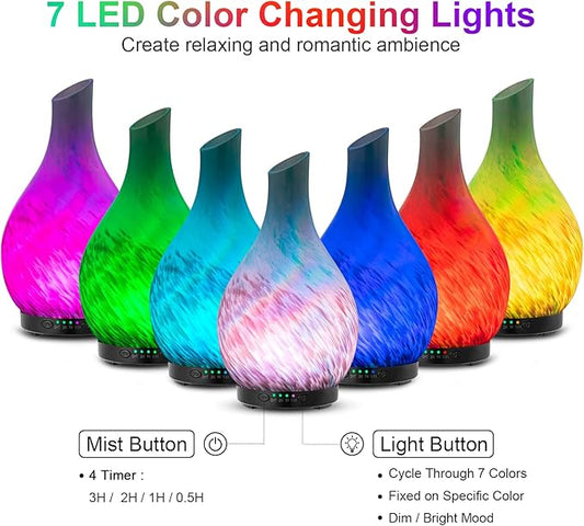 MAXWINER Essential Oil Diffusers Colourful Art Glass Aromatherapy Diffuser with 7 Colors Lights Changing, Waterless Auto Shut-Off, Time Setting for Home, Office, Room 120ml