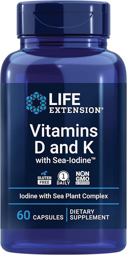 Life Extension Vitamins D and K with SeaIodine Bone Brain Thyroid Arterial Support Non GMO Once Daily Gluten Free, 60 Count