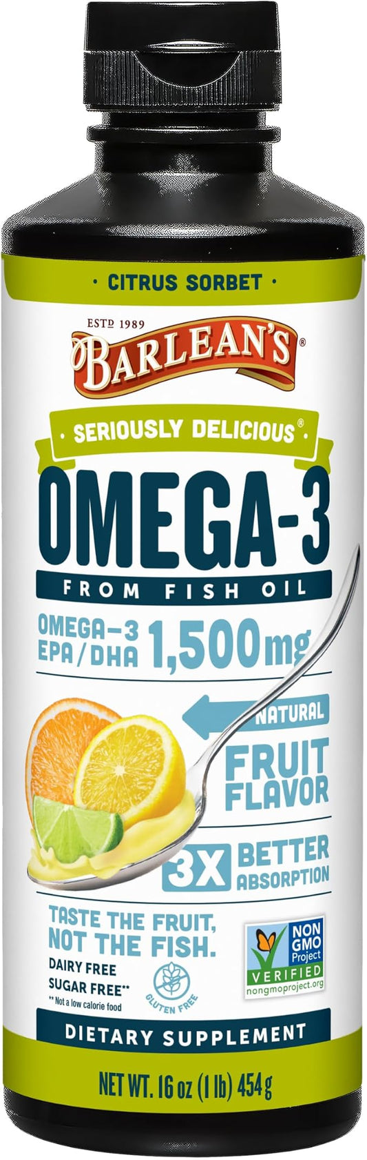 Barlean's Citrus Sorbet High Potency Omega 3 Fish Oil Liquid Supplement, 1500mg of EPA & DHA Fatty Acid, Smoothie Flavored & Burpless for Brain, Joint, & Heart Health, 16 oz