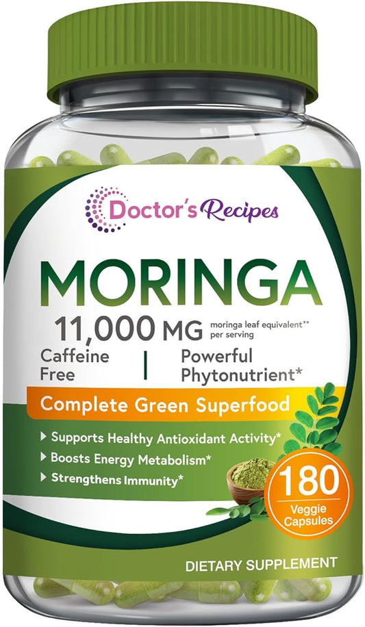 Doctor's Recipes Moringa 11,000 mg Strength, Complete Green Superfood, Natural Antioxidant Support, Non-GMO, 180 Vegan Caps, No Caffeine Soy Gluten