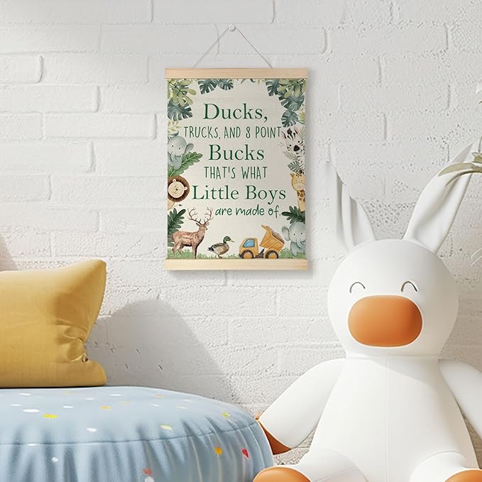 Nrleey Boy Nursery Wall Decor with Wooden Poster Hanger - Little Boy Room Decor, Woodland Baby Animal Truck Wall Art Posters for Nursery Bedroom Playroom, 12x16 Inch