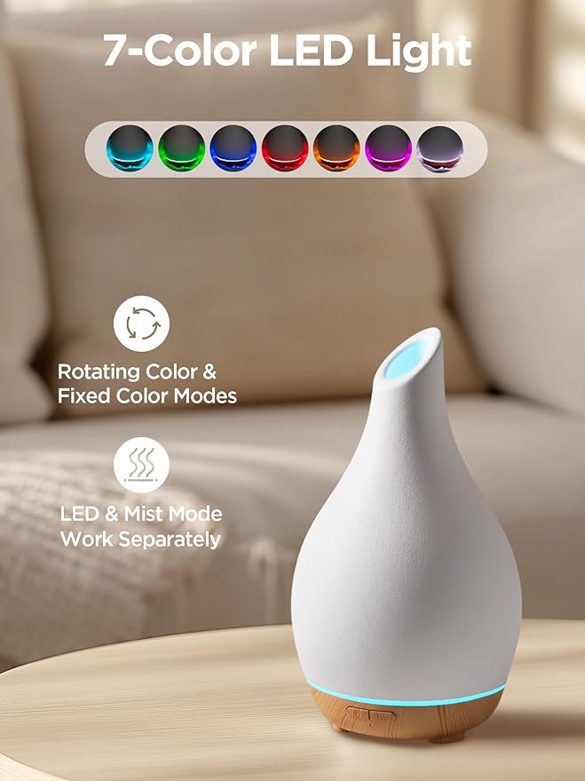 InnoGear Essential Oil Diffuser, 150ml Ceramic Diffuser Handcrafted Stone Aromatherapy Diffusers Ultrasonic Cool Mist Humidifier Vaporizer with 2 Mist Modes Waterless Auto Off for Room Office, White