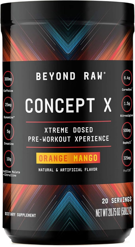 BEYOND RAW Concept X, Clinically Dosed Pre-Workout Powder, Contains Caffeine, L-Citrulline, Creatine, and Beta-Alanine, Orange Mango, 20 Servings