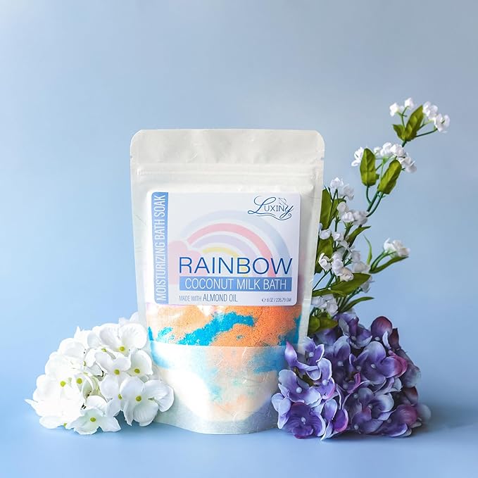 Vegan Milk Bath Soak Made with Coconut Milk Powder & Sweet Almond Oil Which Creates A Bath Bomb Dust Soothing Fizz, 8oz (Rainbow)