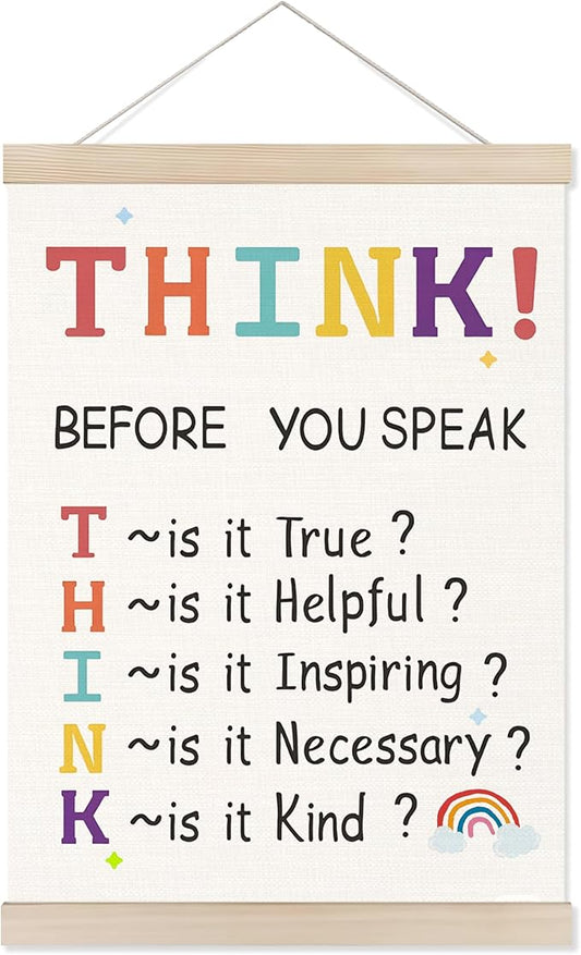 Welshower Boho Classroom Poster Hanger Frame, Think Before You Speak Educational Mental Health Wall Art Prints Decor for Classroom Therapy Counselor Office Framed, 12x16 Inch