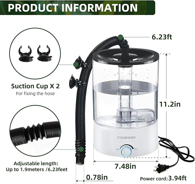 Coospider 4.2L Top Fill Reptile Fogger Mister, Reptile Humidifier for Reptiles Tank, Terrariums Humidifier with Extended Tube, Automatic Reptile Misting System for Reptiles Amphibians Herps Vivarium
