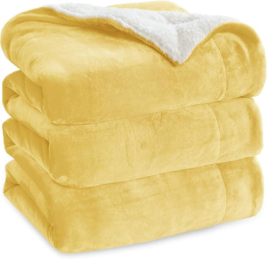 Bedsure GentleSoft Sherpa Fleece Blankets Queen Size for Bed - Thick and Warm, Soft Fuzzy Plush Queen Blanket for Winter, Yellow, 90x90 Inches