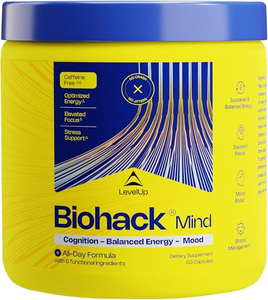 LevelUp Biohack Mind - Nootropic Brain Supplement for Men & Women | Balanced Energy, Focus, Mood & Stress Optimization with Ashwagandha, Lion's Mane, Alpha GPC, Ginseng and More - 60 Count