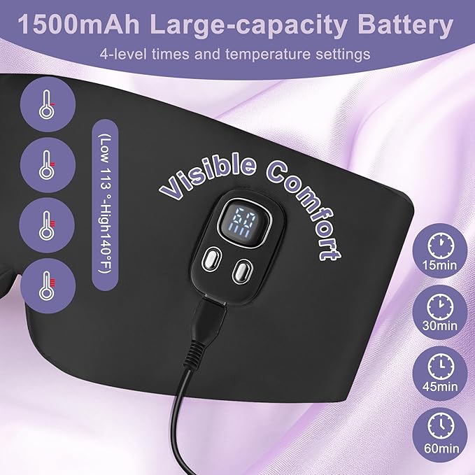 WellYoo100% Mulberry Silk Heated Eye Mask, Cordless Heated Eye Mask for Dry Eye, 4 Time Levels and 4 Temperature Settings, Visualized LED Screen, 1500mAh, Total Light Blocking