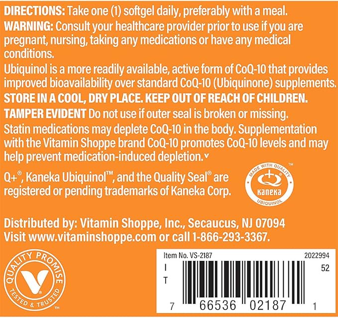 The Vitamin Shoppe Ubiquinol CoQ-10 100mg - Beneficial for Those Taking Statins – Supports Heart & Cellular Health and Healthy Energy Production, Essential Antioxidant – Once Daily (120 Softgels)